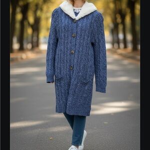 Denim&Co Textured Blue Cable Knit Sweater with Sherpa Hood Size Sm